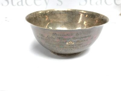 A sterling silver bowl with engraved message. 196g