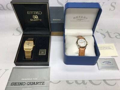 A gents Seiko quartz watch and a Rotary leather strap watch.