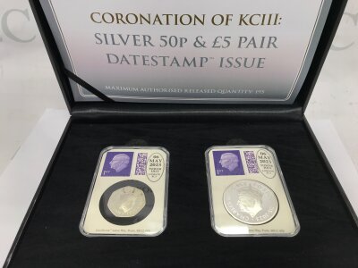 Coronation or King Charles silver 50p and £5 date stamp issue.