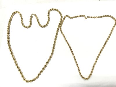 Two 9ct gold rope chains, 18.2g total weight.