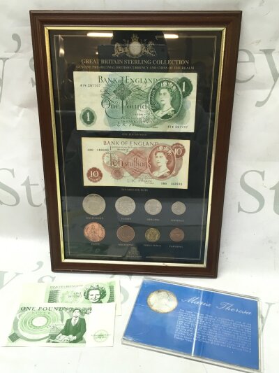 A framed coin and bank note set, Maria Theresa Thaler and 2 spoof notes