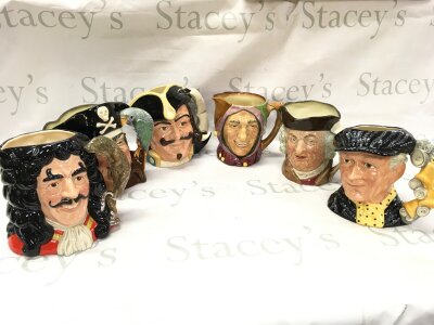 Six Royal Doulton character jugs including Captain Hook, Captain Henry Morgan, Pearly King etc