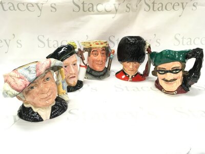 Five royal Doulton porcelain character jugs including Pearly Queen, Prince Philip of Spain, Henry V