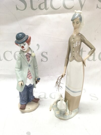 Two Lladro porcelain figures- Girl with geese and clown. 22 and 28cm tall