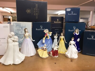 Boxed royal Doulton figures and a royal Worcester figure including Happy Birthday, Autumn breezes, First bloom (9)