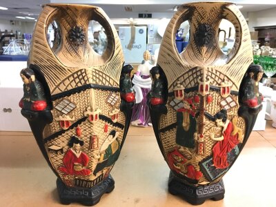 Two ceramic 1940s oriental design vases, Cyples Old Pottery 32cm tall- NO RESERVE