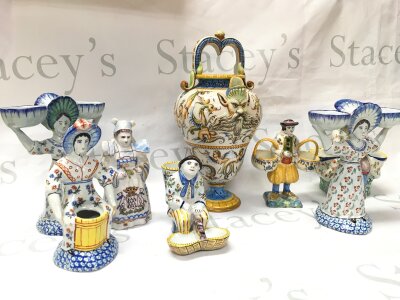 Seven 19th century french table figures, and a restored ceramic puzzle jug