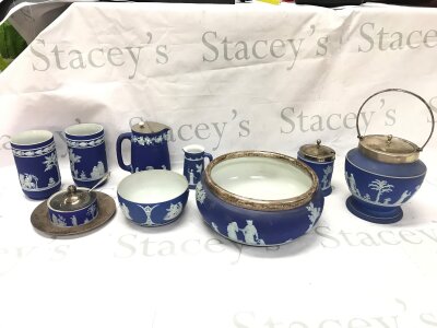 A collection of Wedgwood blue Jasperware including vases, bowls etc