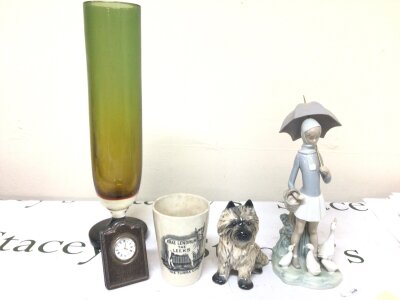 A collection of ceramics  and glass etc a large art glass vase, silver cased clock Lladro figure a Victorian ceramic beaker and a Sylvac dog. (5)