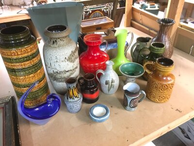 A Collection of 1970s pottery including west German vases , also including art glass ceramics. No reserve
