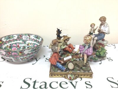 A reproduction Chinese bowl and three Capodimonate figures. (4)