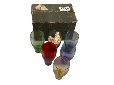 A boxed set of 6 1970s multicoloured glassware, London design centre.