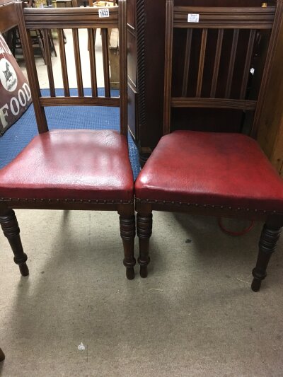 A set of six  mahogany dining chairs with slate backs ,stuff  over seats, on turned legs  maker William walker  bunhill Row London.- NO RESERVE