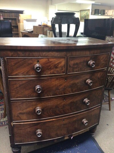 A Victorian mahogany bow fronted chest of drawers fitted with two short and three long drawers on turned feet. 105cm wide 54cm deep height 123cm- NO RESERVE