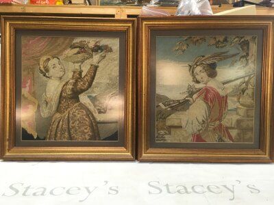 Two framed tapestry pictures Titans Lavinia and huntsman  , frame dimensions 42x44cm