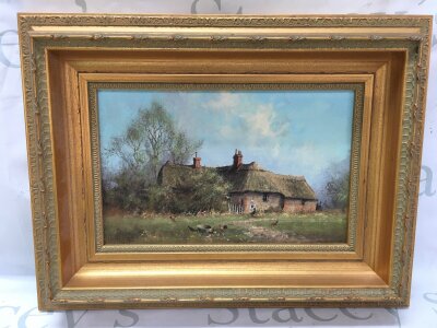 A James Wright Cottage view original oil painting framed dated 1st Oct 1989. Frame size 42x32cm , picture 27x17cm