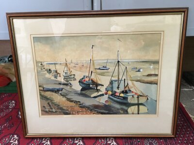 An old town Leigh framed watercolour “this picture was hung in the exhibition of the Royal Society of marine artists at the international boat show Olympia 1971” frame dimensions 74x59cm