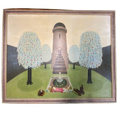 Original oil on canvas, Signed and dated 'FVB 1974,

This 1974 surrealist work is a densely layered psychological landscape that utilizes architectural and historical motifs to explore the tension between power and vulnerability. By combining overt phallic symbolism with subtle references to the tragic history of Anne Boleyn, the artist creates a space where personal and historical trauma intersect.

Phallic Symbolism and the Tower of Power
The central verticality of the composition is anchored by a massive stone tower, a quintessential phallic symbol in surrealist vocabulary.
* The Architecture of Control: The tower's rigid, unyielding form represents the masculine ego and patriarchal authority. Its isolation atop a tiered platform mirrors the "ivory tower" of the mind—a place of both command and profound disconnection.
* The Windowless Fortress: With only a single, narrow slit for a window, the structure suggests a fortress designed for surveillance rather than connection, embodying the defensive posture of the ego against the "chaos" of the surrounding garden.

Anne Boleyn: The "Hidden" Queen and the Tower of London
The painting subtly encodes references to Anne Boleyn, the second wife of Henry VIII, whose life was defined by the very symbols present in this landscape:
* The Tower of London: For the viewer familiar with Tudor history, the central tower serves as a dual symbol: it is both the site of Anne’s coronation and her eventual imprisonment and execution. The dark, looming wall at the rear of the garden further reinforces this sense of a cloistered, captive space.
* The "Watching" Trees (Demonic Faces): The grotesque, demonic faces woven into the foliage of the trees evoke the atmosphere of courtly intrigue and the "many eyes" of the Tudor court. These faces symbolize the malicious gossip and accusations of witchcraft that ultimately led to Anne's downfall.
* The Apple and the Fall: The red fruit—historically linked to the fall of man—references the "temptress" narrative often used to vilify Anne. In this surrealist context, they act as the "eyes" of the trees, suggesting that the figure "Frederic" is being judged by a history he cannot see.
* Metamorphosis and the Butterfly: The prominent butterfly near the reclining figure symbolizes the fleeting nature of royal favour and the soul’s liberation through death—a poignant nod to Anne’s final moments of "transcendence" before her execution.
The Figure "Frederic" and the Fountain
The reclining figure, identified by the verso inscription as "Frederic" [Text on image], lies in a state of passive vulnerability at the base of the tower. Placed beside a bubbling fountain—a symbol of life and the fluid subconscious—the figure represents the delicate balance between life and the crushing weight of historical and architectural authority.
Technical Execution
The artist utilizes a specialized granular "beaded" texture across the surface, giving the painting an organic, almost vibrating quality. This technique ensures that the hidden faces in the trees only reveal themselves as the viewer’s perspective shifts, a deliberate choice that mirrors the shifting "truths" of history and the deceptive nature of appearances at court.

Dimensions with frame. 141.5cm x 116cm, canvas 127cm x 102.5cm.