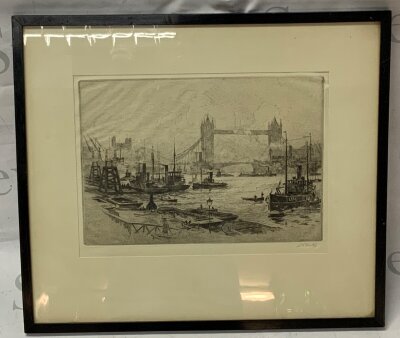 Stanley Charles Rowles, etched depiction of Tower Bridge in London, viewed from the far side of the river Thames. Steam boats and workman. 46cm x 40cm, pencil signed lower right.