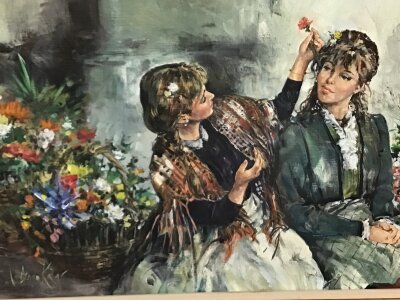 A large framed 20th century oil painting on canvas depicting two ladies with baskets of flowers signed Gordon King. 117x67cm