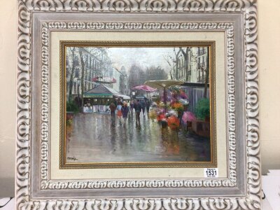A 20th century oil painting study of a French street scene with figures well presented in a white wash frame. Signed lower left possible Duran Bulevar-Flo 65x58cm