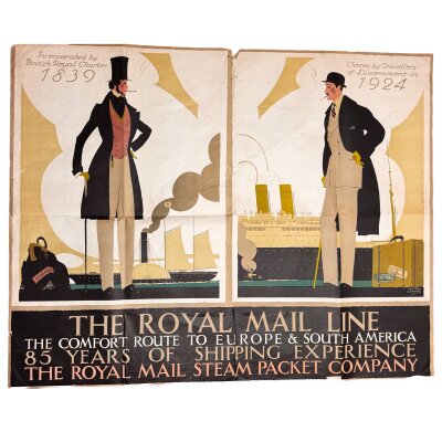 An Original poster for The Royal Mail Steam Packet Company - The Royal Mail Line The comfort route to New York & South America 85 Years of Shipping Experience - featuring a stunning design by the notable illustrator and commercial artist Austin Cooper, 77x95cm, Condition, some damage in tear for to creases and edges.