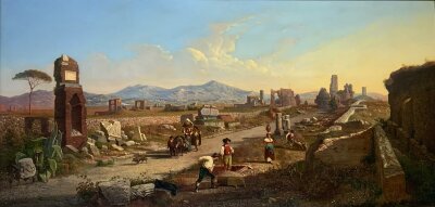 Carel Max Gerlach QUAEDVLIEG (1823-1874), titled VIA APPIA, 1852, oil on canvas, view of Appia Way, Rome and the world’s oldest trade route.. 102cm x 52cm.