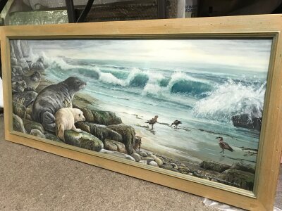 A Ken Stroud oil on board painting, wildlife artwork depicting grey seals on a rocky coastline. Frame dimensions 100x47cm