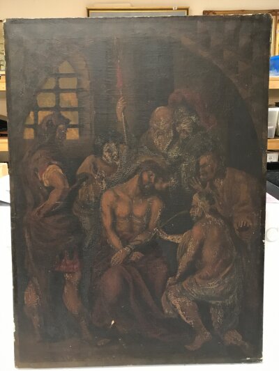 An antique Christ crucifixion oil on canvas painting 59.5cm x 81.5cm