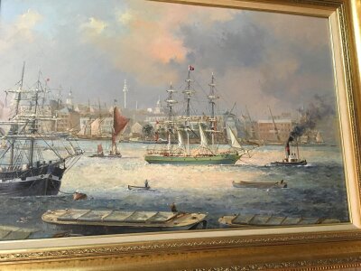 A framed Colin Moore  marine oil painting  evening in the upper pool . 50 x 75 cm .