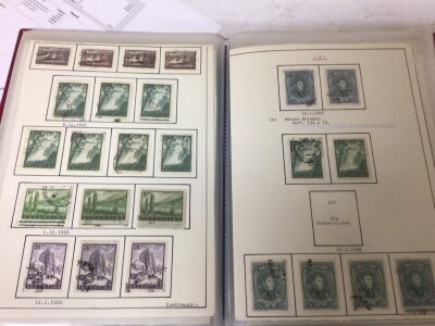 An album containing Argentinian stamps conforming loose Argentinian stamps other albums containing GB stamps and others. In a plastic box.