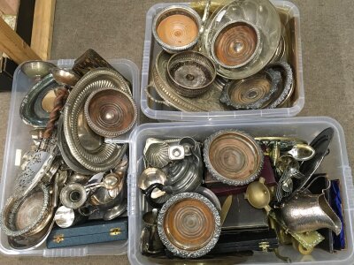 Three boxes of silver plate including dishes, jugs, candlesticks etc