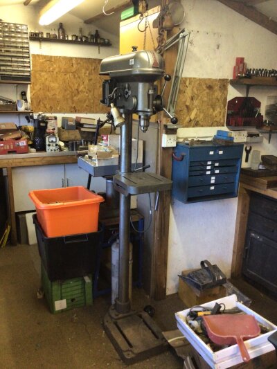 A Vintage Meddings free standing single phase pillar drill with adjustable Hight steel bed Buck and Hickman Ltd.