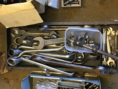 A collection of Vintage tools a guillotine large spanners small model engine and associated access pipe cutters and other items. Buyer to arrange collection from CM12 0RB. Viewing by appointment only. No Reasonable bid refused.