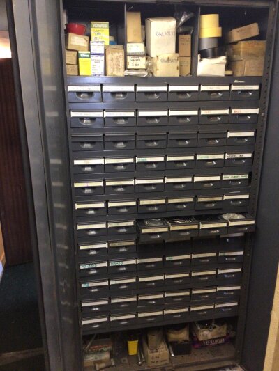 A double door engineers workshop cabinet double door with numerous small drawers containing lots of fittings. 
Buyer to arrange collection from CM12 0RB. Viewing by appointment only. No Reasonable Bid Refused.