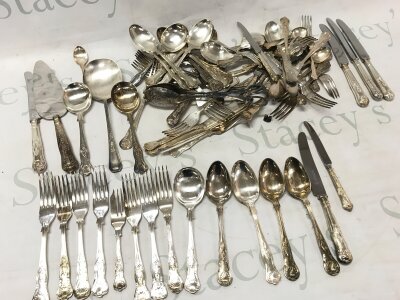 A collection of silver plated cutlery including knives, forks, spoons etc