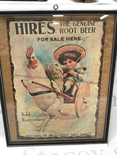 A framed and glazed vintage sign for 'Hires' Root beer for sale here. Dimensions 29x37cm