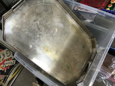 A large collection of silver plated items and a tray. Forks, spoons, cutlery, small dishes, candlesticks  etc