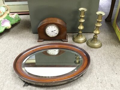 Mappin & Webb mantle clock, small mirror (41x31cm) and a pair of brass candlesticks