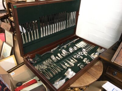 A mahogany canteen of Inkerman silver EPNS Sheffield cutlery. Case 76cm wide 46cm long