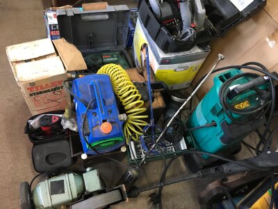 A Collection of tools/ equipment including a Bosch pressure washer, Earlex wallpaper stripper, oil free compressor, log splitting work bench , Clarke Metalworker model no CDP 5DC and boxed steam cleaner etc