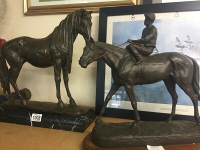 Two bronzed figures of horses one with jockey 38 cm 35 cm .- NO RESERVE