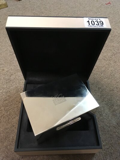 A silver plated cigarette box by Links of London, engraved Epsom Downs Racecourse. In fitted box- NO RESERVE