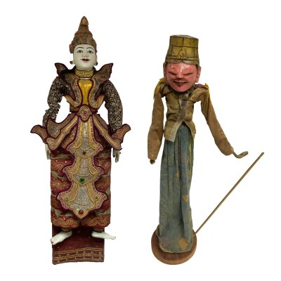 vintage Indonesian Wayang Golek rod puppet, a traditional wooden puppet used in Sundanese puppetry 60cm, together with a Burmese marionette puppet (yoke-thei), a traditional string puppet from Myanmar 106cm.