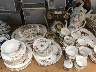 A Royal Albert Moss Rose part dinner/ tea service- including platter's, tea plates, saucers, tea and coffee pot, cups etc