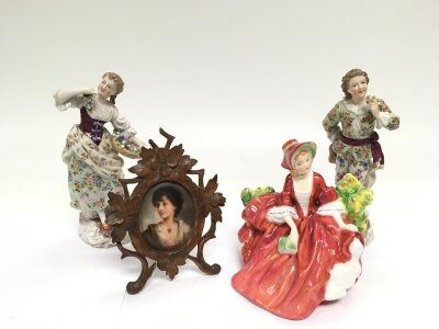 A Royal Doulton figure, Lydia HN1908, two small German porcelain figures and a late 19th Century Austrian portrait on enamel, tallest approx 15cm (4).