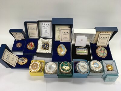 Two boxes of various Halcyon Days enamel boxes and others, all boxed.