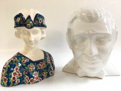 Two busts Les Bleus de Louvière art deco lady and famous Hollywood icon Clark Gable. 26 and 28cm tall