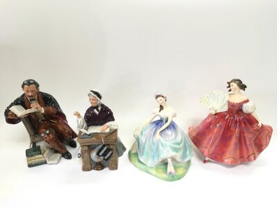 Four Royal Doulton figures comprising Schoolmarm HN2223, The Professor HN2281, Giselle HN2139 and First Waltz HN2862.