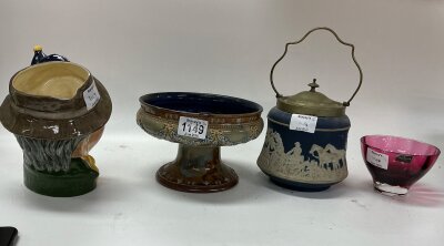 1 Darlington crystal footed bowl, rich cranberry/pink colour,vintage British art glass bowl, handcrafted, mid to late 20th century. 1 royal Doulton Lambeth stoneware tazza/comport. 1 doulton/jasperware style biscuit barrel. 1 royal doulton character jug(punch and Judy). All great ceramics for Collectables.